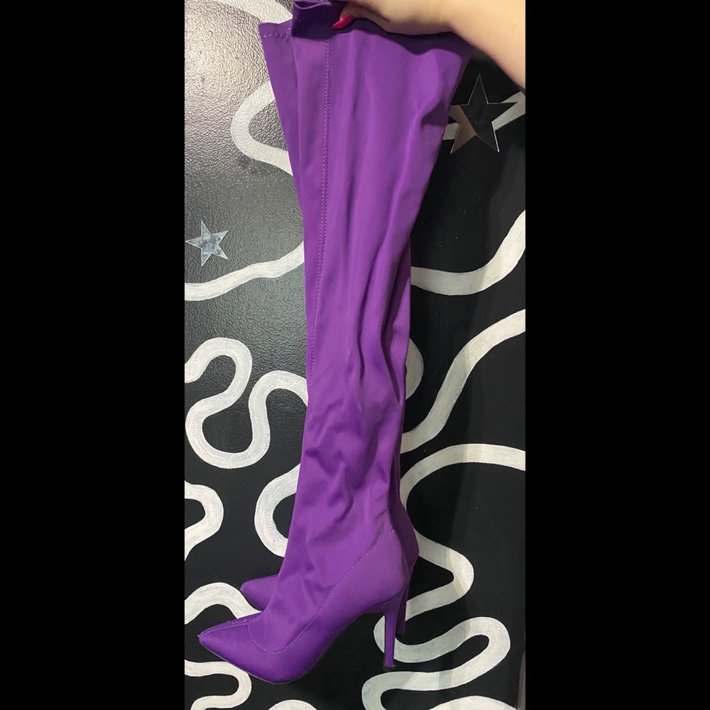 Neon purple thigh high boots !!